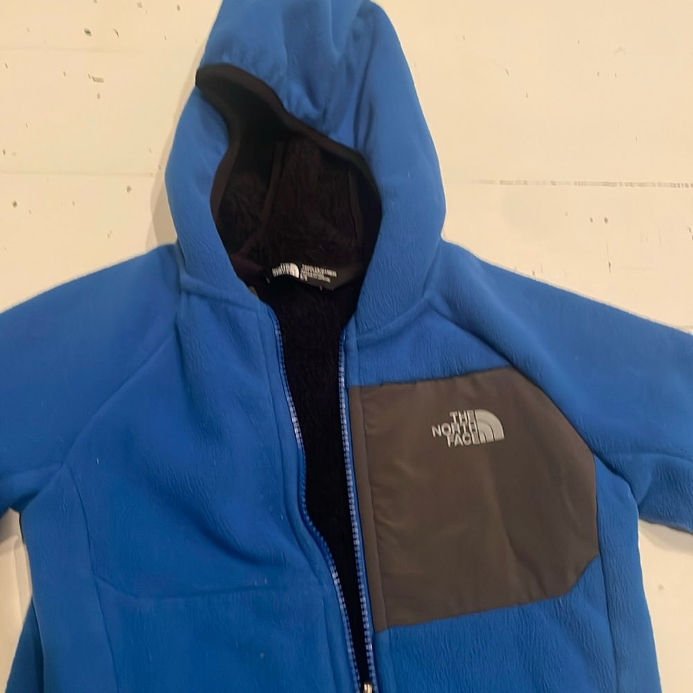 Blue hooded zip up The North Face fleece, size 5